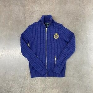 Lauren Ralph Lauren RLL Women's Blue Mock Neck Full Zip Cable Knit Crest Sz S